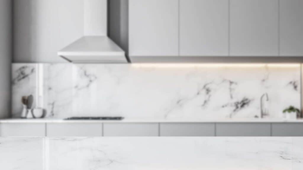 Modern kitchen with white marble countertops and backsplash, stainless steel range hood, grey cabinets, and subtle under-cabinet lighting; the perfect showcase of expert countertop installation.